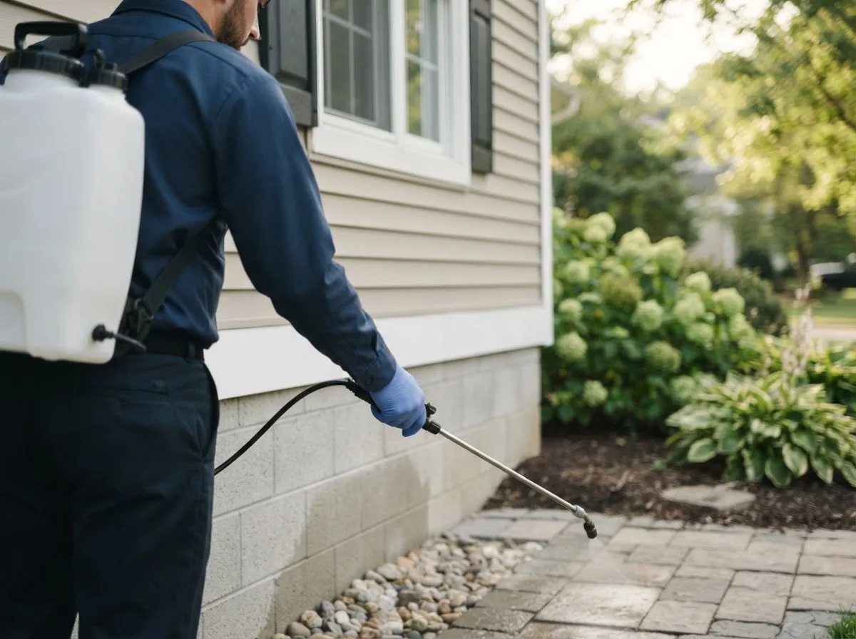 Pest control technician inspecting a home in Nicoma Park, OK